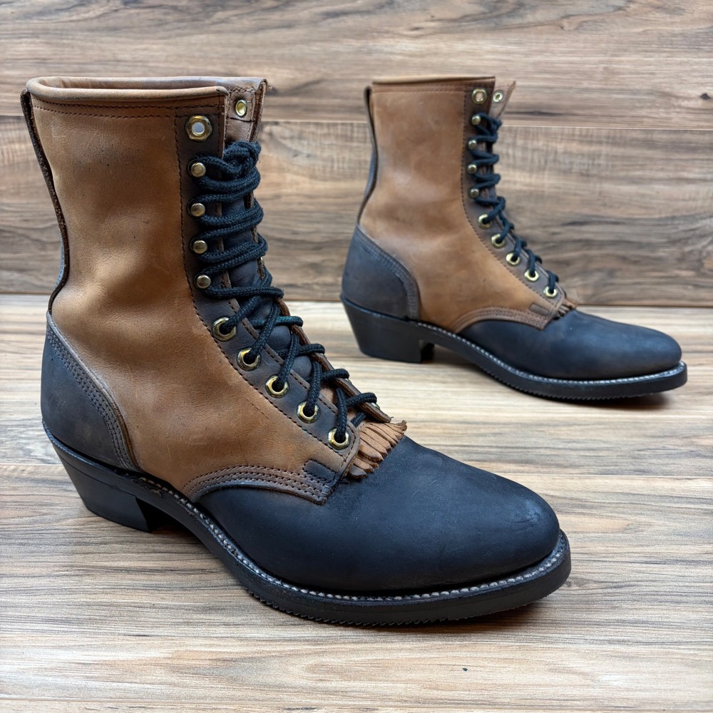 VTG Double H Packer Mens 9D Two Tone Kiltie Lace Up 8" Western Boots 9680